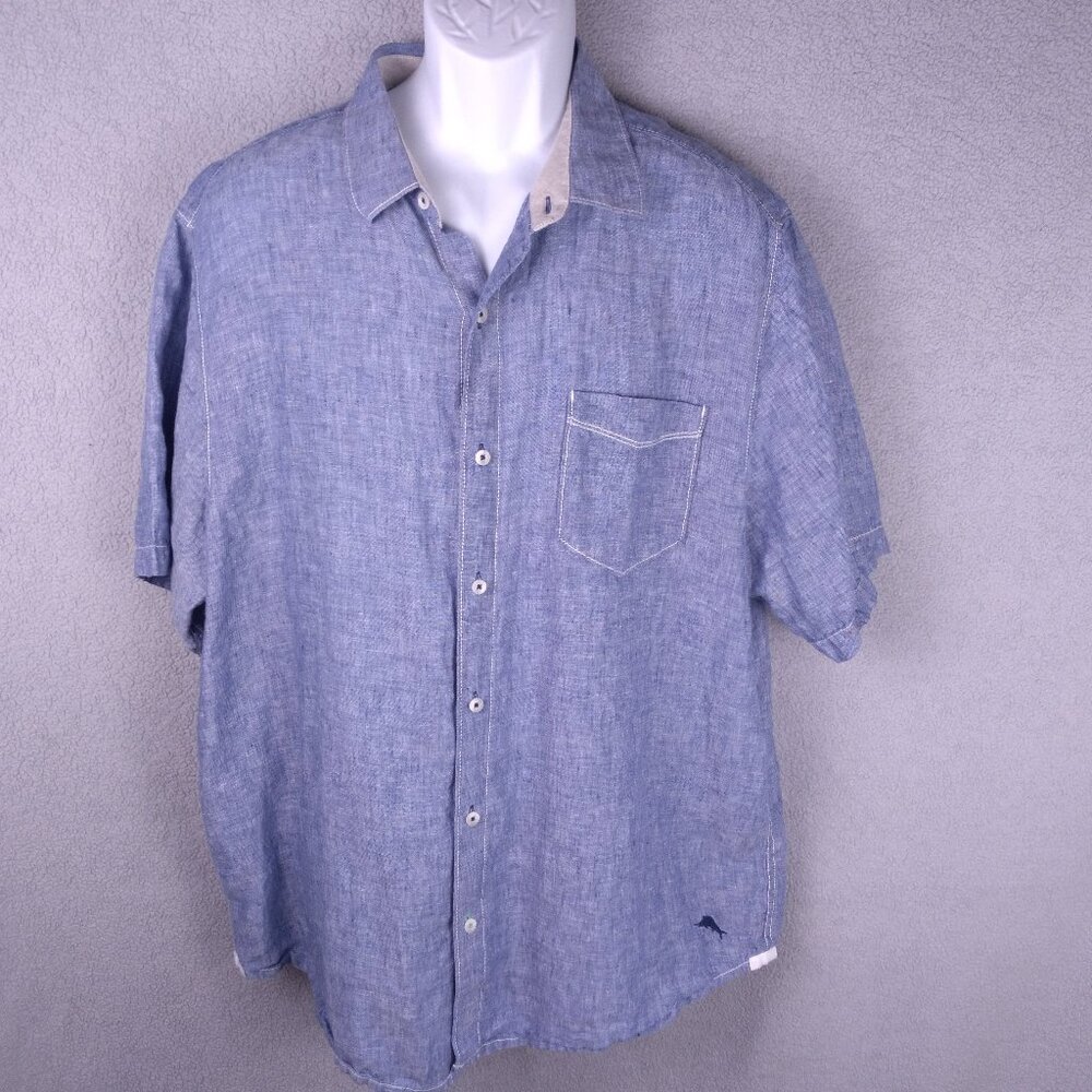 Tommy Bahama Men’s Short Sleeve Button-Up Shirt Blue Linen Size XL Casual